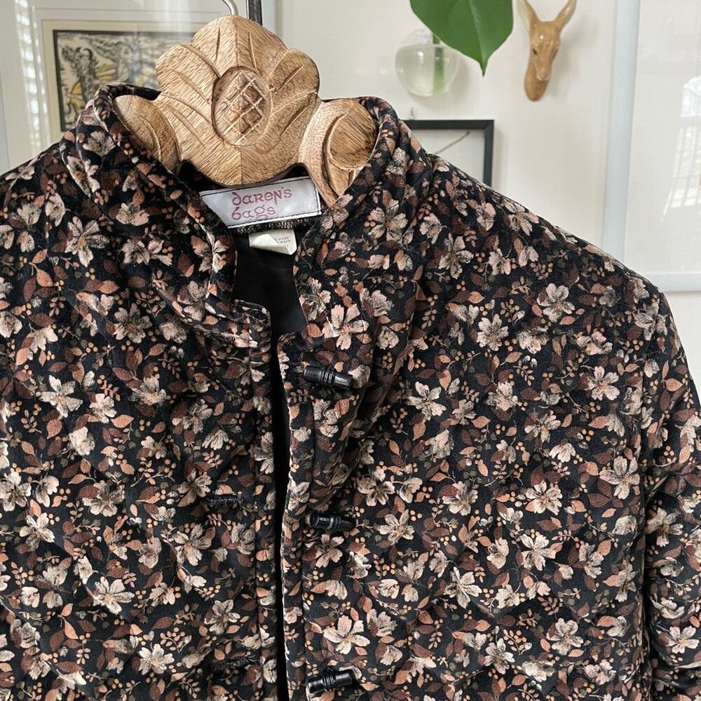 Vintage 70s Cottagecore Quilted Band Collar Jacket Brown Velveteen Floral S - Picture 2 of 10